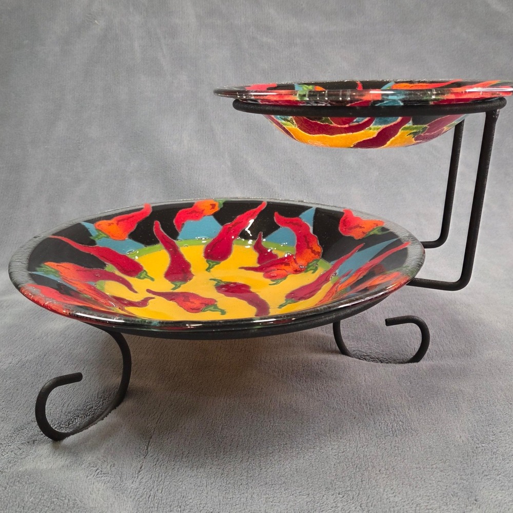 Vintage Peggy Karr Signed 2-Tier Chip and Dip Set Chilles Fused Glass Red Multi